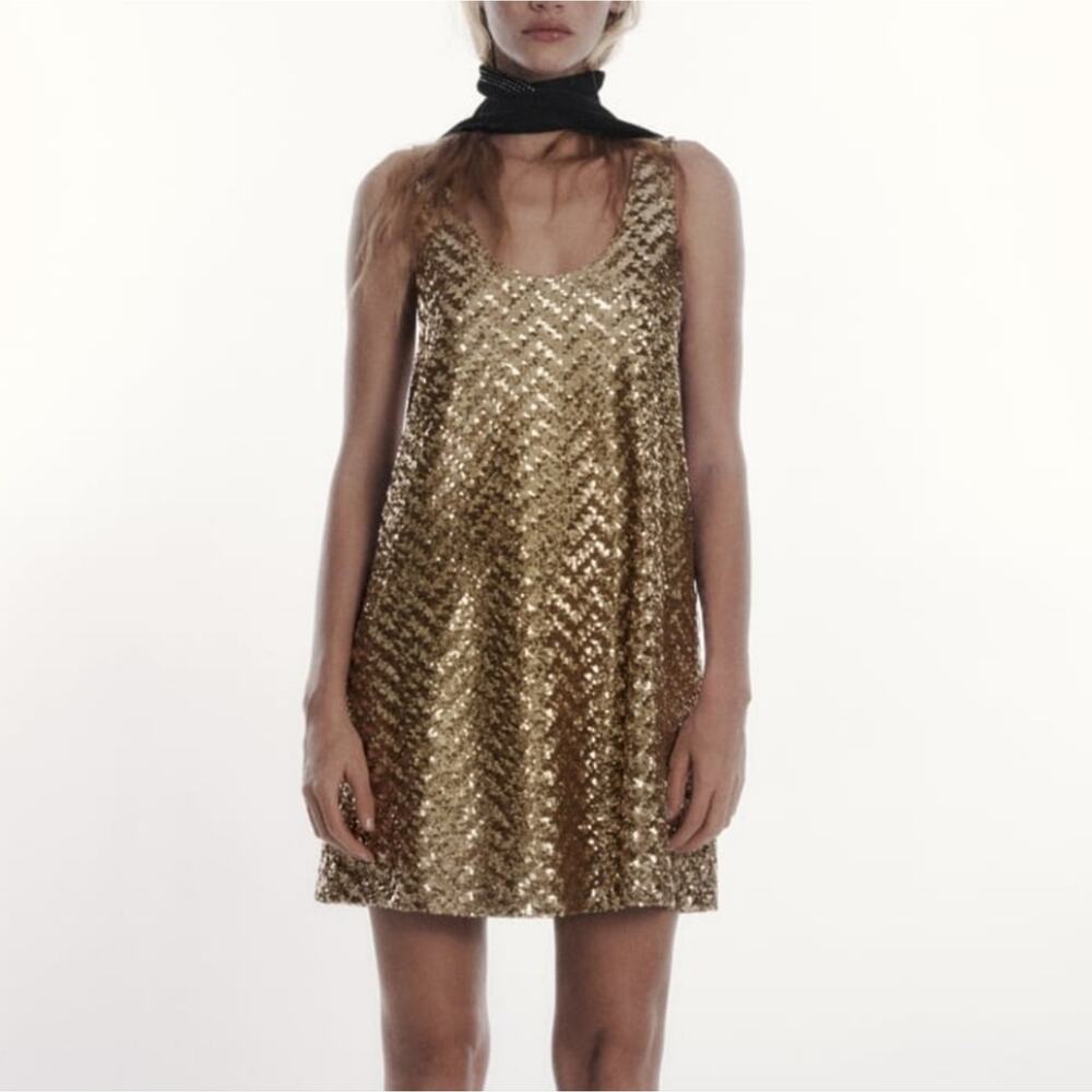 Zara Gold Sequin Sleeveless A-Line Mini Dress Scoopneck Sleeveless Size Small - Picture 2 of 10